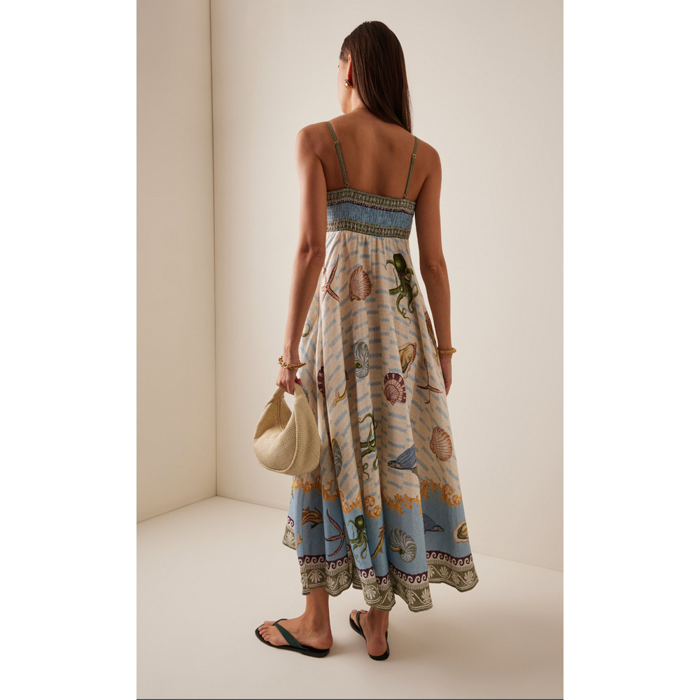 ALEMAIS + Sam Pauletto Bath House printed smocked linen midi dress US 4 - Picture 4 of 11